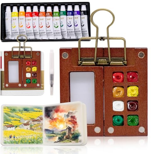Gittoovo Pocket Travel Artist Watercolour Paint Palette Set, 8 Grids Mini Wood Palette Box, 12 Color Watercolour Paint, Watercolor Pen, Mini Sketchbook