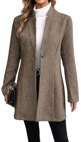 CHARTOU Womens Long Sleeve Casual Wool Jacket Blazer 1 Button Winter Coat Mid-Long Stand Collar Open Front Overcoat (Large, Dark Khaki)