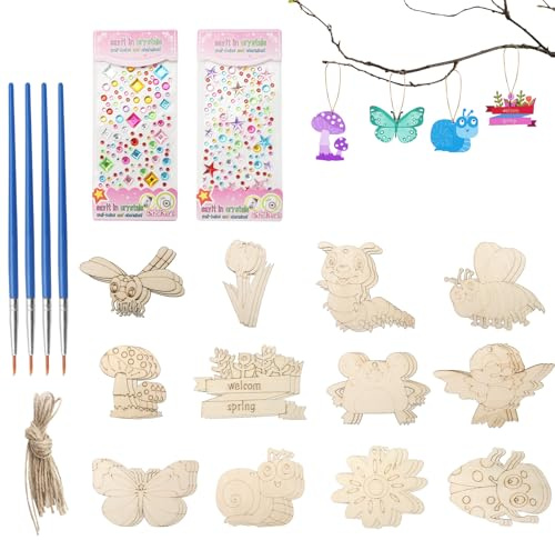DAWRIS 36 stycken trähängen pysselset barn träfigurer hantverk & gör-det-själv barns födelsedag för målning och upphängning gör-det-själv fjäril och blommor, pyssel med akvarellpenna, strass