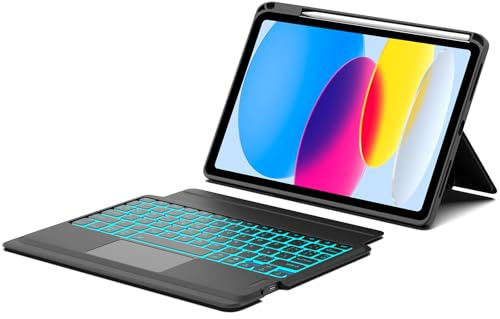 Funda iPad 10/11 Generación con Teclado Touchpad, Teclado 3 Canales Bluetooth Español Ñ Retroiluminado 7 Colores Magnéticamente Soporte Retrato/Paisaje para iPad 10 2022 10.9/11 A16 2025 11, Ngero