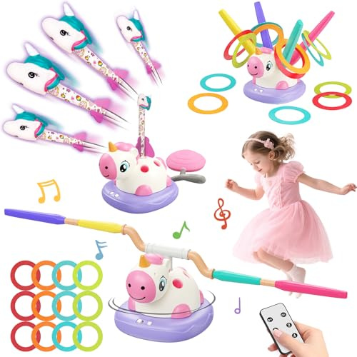 Unicorn 3 in 1 Sports Toy for Girls Ages 3-12, Musical Jump Game, Unicorn Launcher, Ring Toss, Garden Toys for Kids, Active Play, Birthday Gift, Indoor Outdoor Playset
