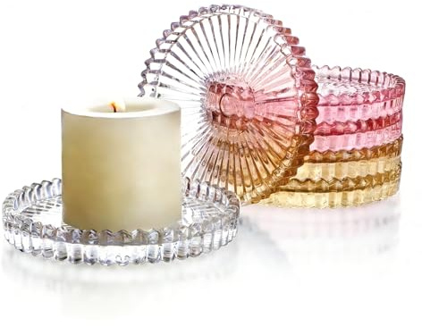 6 Pack Glass Pillar Candle Holder Set，4 Inch Round Candle Plates in Clear Pink Amber, Multi-Color Serrated Edge Display Stand for Wedding Party Table Centerpiece Decor