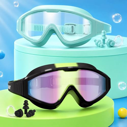 Findway 2 Pezzi Occhialini Nuoto Bambini 4-16 anni, Occhialini da Nuoto per Visione Larga 180° Facili da Indossare, Occhialini Nuoto Protezione UV per Ragazzo e Ragazza, C'è Naso & Tappi per Orecchie
