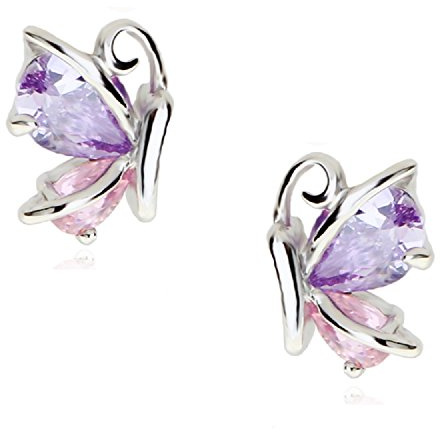 Crystalline Azuria Femme Clous Boucles d'Oreilles Papillon 18ct Plaqué Or Blanc avec Cristaux rose et Violet en Zircone