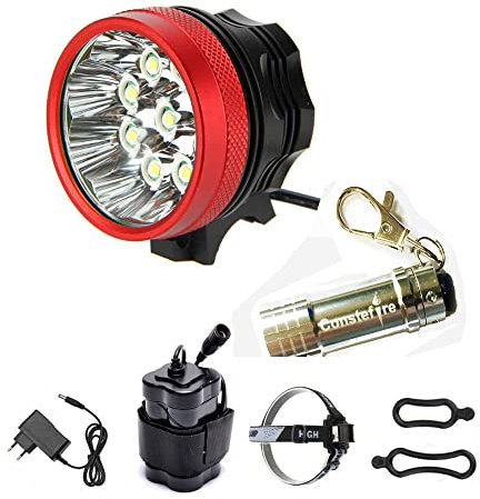 Constefire Linterna Bici Lámpara LUZ LED Frontal 9000 LM MaxCree 7X con 4x16850 Batería y Cargador (7 LED, 3 Modos)