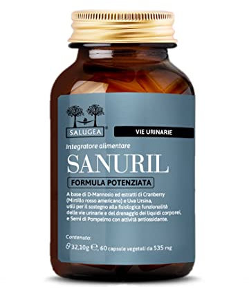SANURIL Formula Potenziata Salugea - Integratore 100% Naturale - Con D-Mannosio, Cranberry, Uva Ursina e Semi di Pompelmo per il benessere delle Vie Urinarie - 60 Capsule - Flacone in Vetro