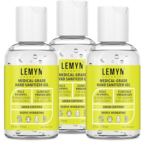 Lemyn Organics Medical‑Grade Hand Sanitizer Gel – 97 % Organic | 70 % USP Ethyl Alcohol | Moisturizing Aloe + Hyaluronic Acid | Freshly Made in USA | 2oz Bottle with Flip Top (PACK OF 3)