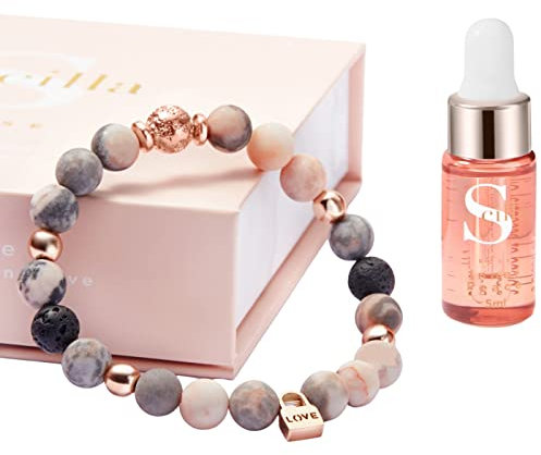 Scilla ROSE Kristallarmband-Geschenkset mit Diffusor für ätherische Lavendelöle und Lavagestein. Geschenke für Frauen - Zebra Jaspis mit Liebeszauber