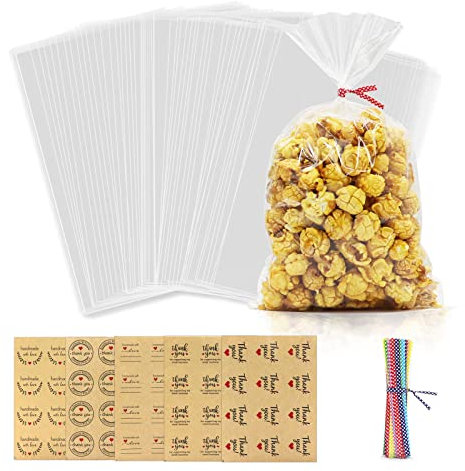 100 Stück Kleine Cellophantüten Klar, Flachbeutel Zellophantüten mit Metallischen Bindebaender, 15 * 25 cm Zellophantüten Tütchen für Süßigkeiten Schokolade Kekse
