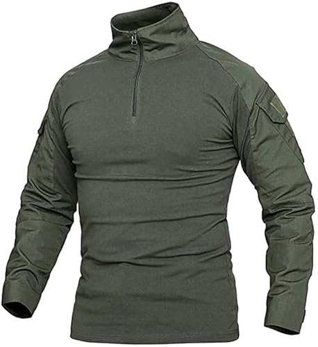 Czen Camicie Militari tattiche da Uomo Camicia a Maniche Lunghe Mimetica Camicia a Maniche Lunghe con Zip 1/4 Camicia da Trekking dell'Esercito all'aperto, B-verde, M