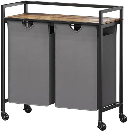 Lifewit Wäschekorb 2 Fächer mit Rollen, 95L/47,5x2L Wäschesammler mit Ablage, Laundry Baskets mit herausziehbaren Säcken, Wäschesortierer Schmutzwäschebehälter für Waschküche, Schlafzimmer, Grau