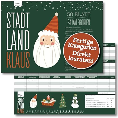 Spielefabrik Stadt, Land, Klaus | lustiges Ratespiel für Weihnachten mit 24 Xmas-Kategorien | Familienspiel Partyspiel zur Weihnachtszeit | Geschenk-Idee Nikolaus | DIN A4-Block | 50 Blatt
