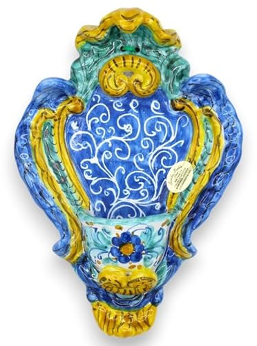 SICILIA BEDDA CAPACI Acquasantiera in Ceramica Siciliana - h 23 x L 14 cm ca. Fondo Blu, Decoro Barocco e Fiore MD2