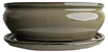 Glazed Ceramic Bonsai Pots with Matching Drip Trays (Olive Green, 26cm)