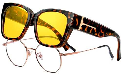 KANASTAL Sovraocchiali Guida Notturna Gialli Tartarugati Uomo Donna sopra Occhiali Guida Notte Visione Notturni Quadrati Leopardati Yellow Night Driving Glasses Fit over Glasses -Gialle Tartaruga