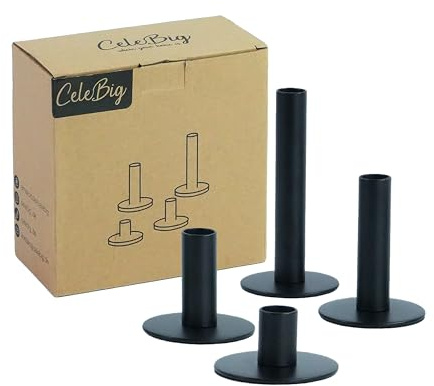 CeleBig Stabkerzenhalter 4er Set | 4 Verschiedene Größen: 4 cm, 7 cm, 10,5 cm, 16 cm | für Stabkerzen mit 2cm Ø | Metallkerzenständer | Perfekte Deko für Weihnachten | Geschenkartikel | Schwarz