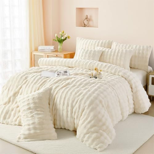 Boqingzhu Plüsch Bettwäsche 135x200cm Creme Beige Weiß Uni Einfarbig Kuschelig Flauschig Warm Winter Flanell Fleece Wende Bettwäsche Set Kaninchen Kunstfell Bettbezug und Kissenbezug 80x80cm