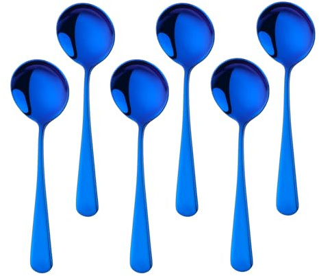 Buyer Star Lot de 6 cuillères à soupe rondes en acier inoxydable de 16,3 cm pour céréales, porridge, fruits, yaourt, passent au lave-vaisselle (6, bleu)
