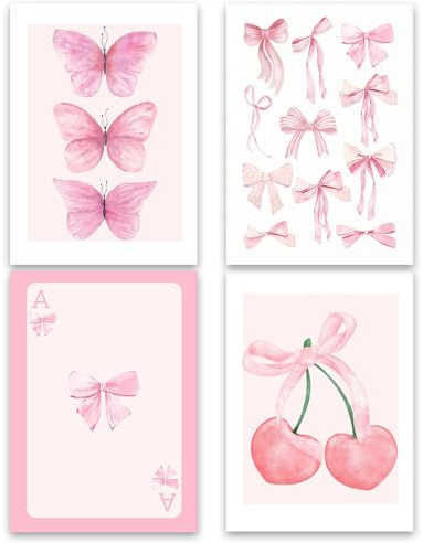 Lot de 4 affiches mural sur toile – Décoration esthétique pour chambre – Affiches roses avec nœud, papillon, cerise, tisonnier, coquette