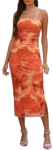Adigaber Robe pour Femme Imprimée à Bretelles Spaghetti Fente Latérale Maille Ajusté Maxi Robe