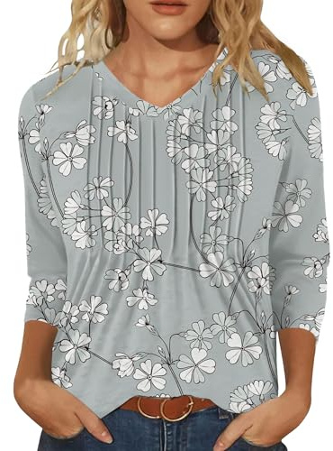 IEEILULU Blusas Mujer Verano, Camisa Mujer Manga 3/4 Cuello en V, Blusas Madam Verano Elegantes, Elegante Tops Casual Sueltas de Oficina (FR/ES, Letras, L, Regular, Regular, Gris con Estampado)