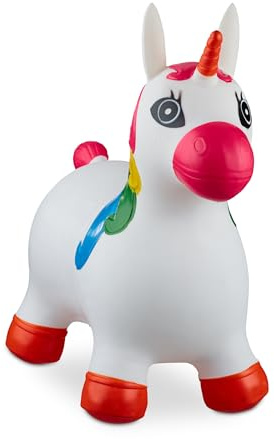 Relaxdays Unicorn Bouncy Hopper, Kids Inflatable Ride-On Toy, incl. Air Pump, up to 50 kg, BPA-Free, Inflatable, White