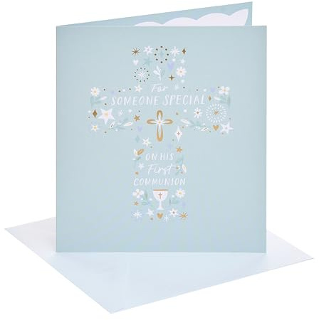 UK Greetings | Communion Card for Boy | Cross Icons Design | With Envelope | Congratulations Card | Greeting Card | Him/Boys/Men | 15.9 x 18.4cm