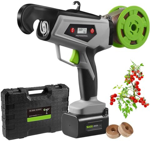 Máquina Atadora Eléctrica con 2 Baterías, Herramienta Semi-Automática de Atado de Viñas con 6 Engranajes Ajustables y Pantalla LED, Capacidad 25mm, Atadora de Ramas para Viñedo, Uvas y Tomates