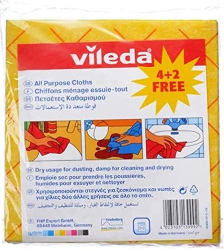 Vileda Panno multiuso 4 + 2 pezzi, pulizia potente, assorbente, durevole, giallo, 6 pezzi per confezione