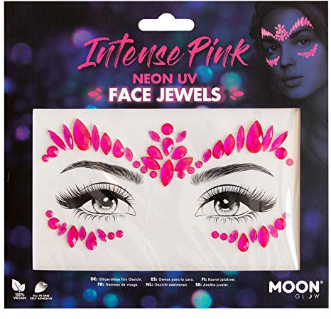 Moon Glow Joyas faciales UV de neón - Gemas corporales para la cara del festival, pegatinas de brillo para ojos con maquillaje de cristal, joyas de tatuajes temporales Rosa 1 Unidad (Paquete de 1)