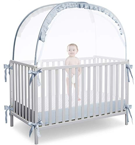 L RUNNZER Baby Crib Tent, Breathable Pop Up Crib Tent Canopy Keep Baby from Climbing Out, Crib Net to Keep Baby in with Auto-Lock Zipper(55.2 L x 27.6 W x 51.6 H)