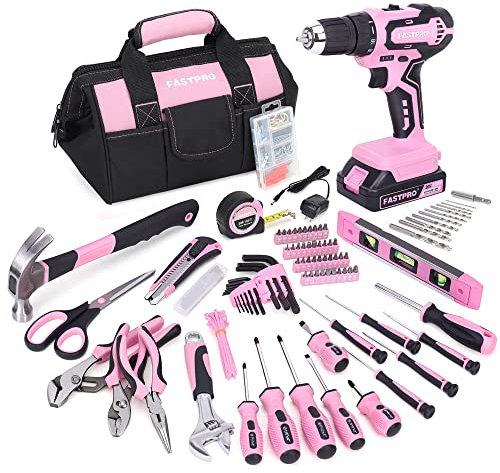 FASTPRO 232-Piece Pink Tool Set with Drill, 20V Cordless Drill Driver and Home Tool Set, Pink Drill Set for Women, Lady's Repairing Kit with 12-Inch Storage Bag, Pink