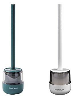 Set di scopino per WC in silicone, con base ad asciugatura rapida, manico lungo in plastica, scodella per WC e bagno (bianco+verde)