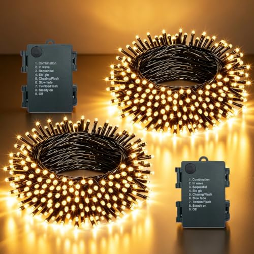 MOLVCE Ljuskedja Batteri 10 m 100 LEDs LED-lampor batteri 8 lägen med timer, ljusslinga för utomhus och inomhus vattentät för hem, trädgård, fest, jul, 2 stycken, varmvit