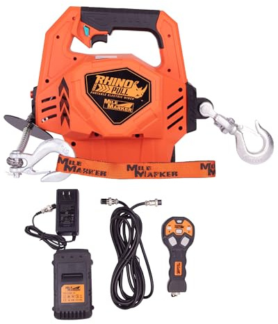 Mile Marker 71-1000 Rhino Pull 1000 Portable Electric Winch | 39 Feet of Synthetic Rope | Lifts or Pulls Up to 1000 Pounds | Brushless Motor | Variable Speed | Wired & Wireless Remote