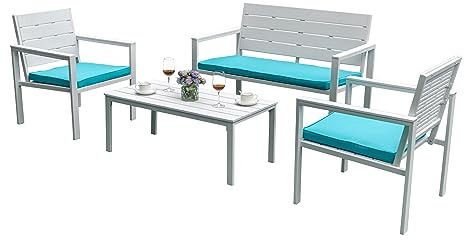 Totò Piccinni Set HAITI Salottino Completo di Divano 2 Poltrone e Tavolino Struttura in Metallo e piano in Polietilene con Cuscini (Bianco)