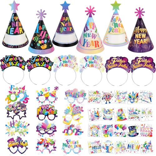 HOWAF Silvester Deko 2025, Silvester Partyhute Feuerwerk Silvester Brille 2025 Frohes Neues Jahr Brillen Silvester Haarreif Silvester Temporare Tattoos fur Neujahrsdeko Happy New Year Deko