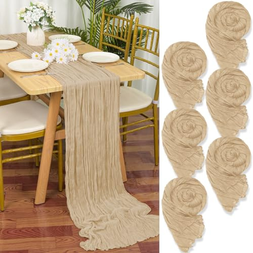 6 piezas de camino de mesa de gasa beige, 90 x 300 cm, color marrón claro, rústico, tejido boho, paño de queso, mantel para boda, decoración de mesa para bodas, fiesta de la novia