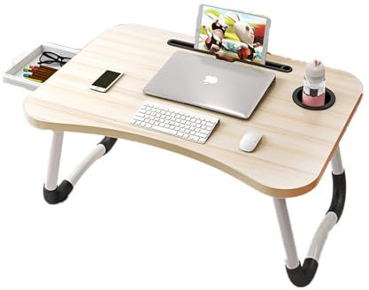 Bandeja para Cama, Mesa Plegable de Desayuno Mesa Ordenador Portátil Multifunción Mesa de Ordenador portátil para Cama y sofá (con Cajon, Arce Blanco)