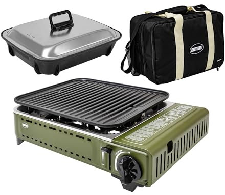 Amig - Camping Gas | Cocina Portatil | Kit Hornillo Grill - Parrilla Fundicion Aluminio + Plancha Con Tapa Cocción | Con Bandeja Recoge Grasas De Acero Inoxidable | 1,8 Kw Potencia