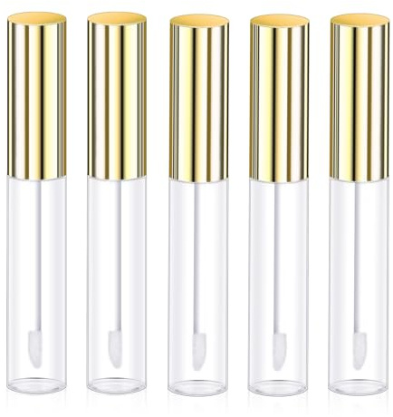 Molain Set med 5 läppglans - 10 ml påfyllningsbara tomma flaskor - mini genomskinliga rör - guld