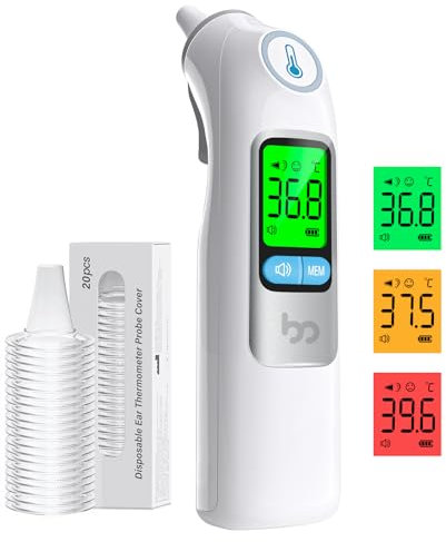 Fieberthermometer Ohr für Erwachsene & Kinder, 1s Ergebnis Hochpräzise Ohrthermometer, 30 Speicher Abrufen, 3-Farben-Fieber-Alarm, mit 21 Einweg-Sonde Abdeckungen & Aufbewahrungsbox (LCD-Weiß)