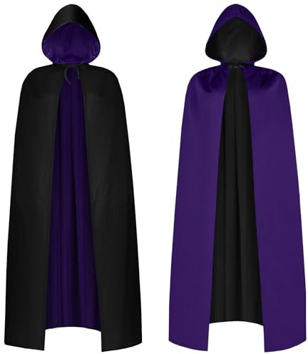 AOOWU Cape à Capuchon Noire Violet Déguisement, Cape à Capuche Double Face pour Halloween, Déguisement de Sorcière, Adulte Costume pour Bal Masqué, Halloween, Fête de Famille, Carnaval Noël, 150CM