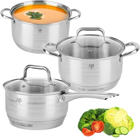 Set di pentole a induzione, 6 pezzi, con coperchio in vetro, in acciaio inox satinato, set di pentole a induzione non rivestite, scala interna, fornello in vetro ceramica, gas, fornello elettrico