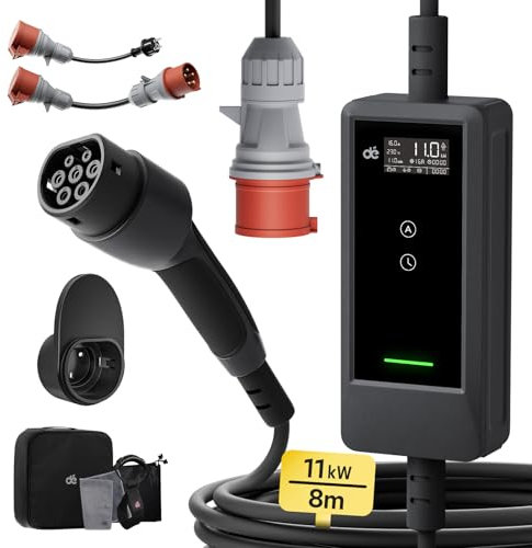 dé Mobile Wallbox/Ladestation 11kW [8m|3-phasig|6-16A] mit Einstellbarer Ladeleistung, Ladekabel CEE 16A auf Typ 2 und EV Ladegerät für Model Y/3, ID.3/4/5, MG4, EX30, e-up, e-tron, Zoe und BEV/PHEV