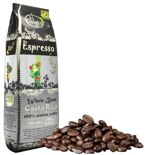 El Gusto Espresso Spezialitätenkaffee | Ganzen Bohnen aus Costa Rica | Dunkel Geröstet Kaffeebohnen | 100% Arabica | Gourmet-Kaffee 250 g | 1 Packung Angebot