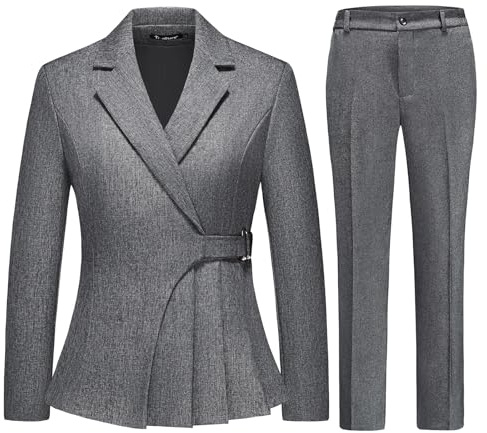 TRONSTORE Women's Pants Suit Solid Jacket 2 Piece Set Irregular Blazer Suit Business Casual Grey S