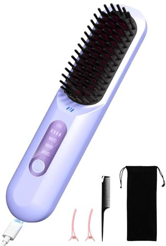 Negative Ion Hair Straightener Brush, 5000mAh Portable Heated Straightening Comb for Travel, Cordless Mini USB Rechargeable Hair Straightener for Women, Beard Straightener for Men (Purple)