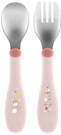 Chicco Couverts en Acier Inoxydable, Couverts Enfants, Set Bouillie, Fourchette et Cuillère pour Enfants, en Acier Inoxydable, Facile à Porter, Set Sevrage Première Bouffe, 2 Pièces, 18M+, Rose