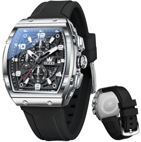 OLEVS Men Watches Business Dress Chronograph Big Square Quartz Analog Male Watch Silicone Strap Waterproof Date Gift Mens Wrsit Watch Silver